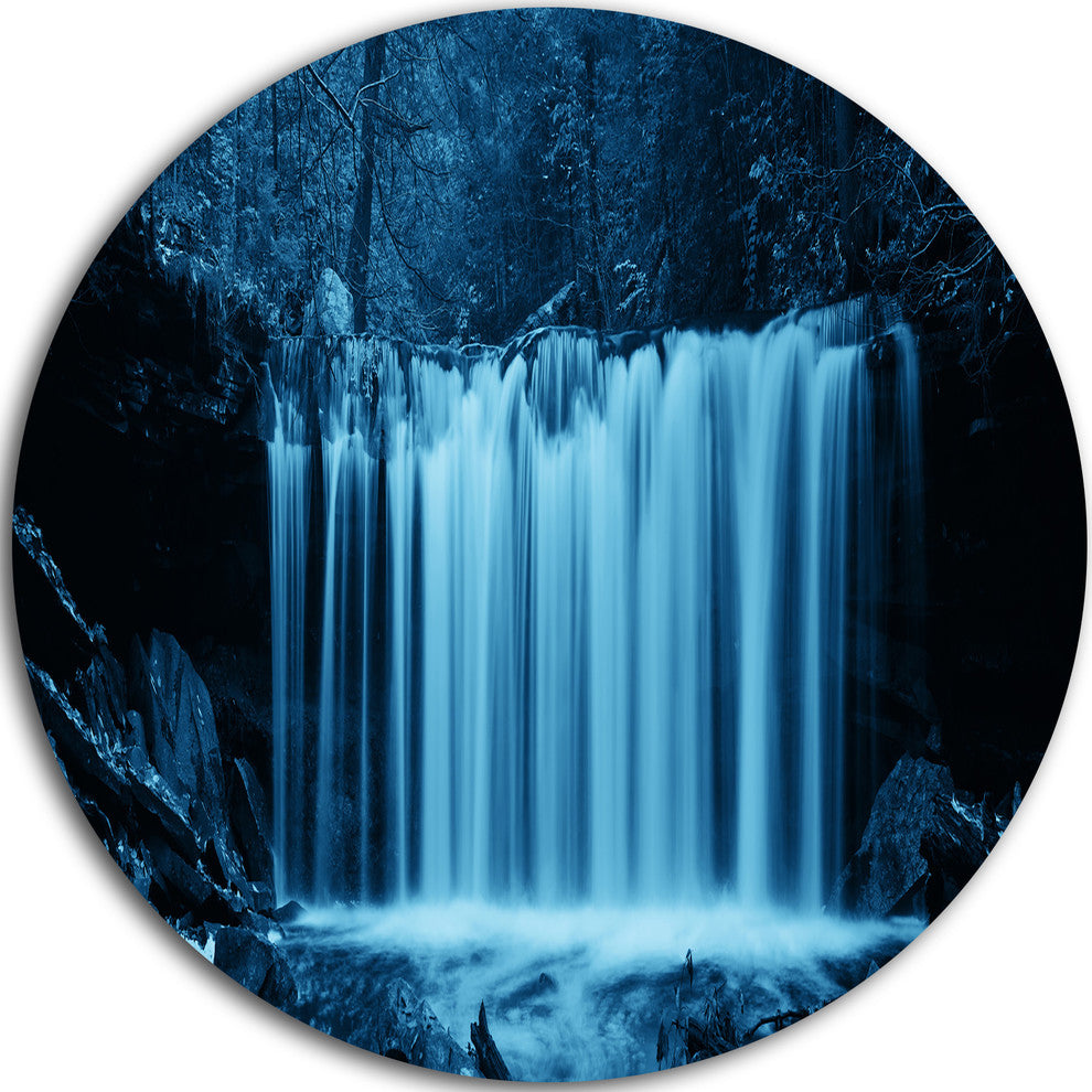 Waterfalls In Wood Black And White, Landscape Round Metal Wall Art, 23"
