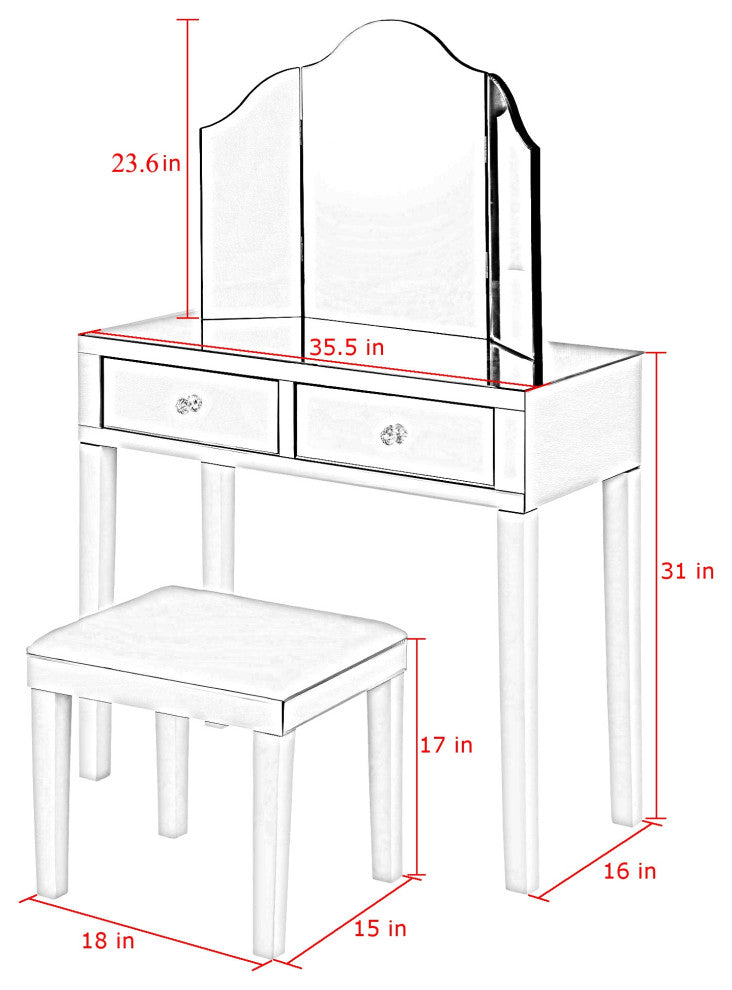 Venecia 3-Piece Vanity Set With Trifold Mirror, White