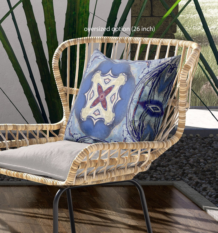26" Blue Cream Geo Tribal Indoor Outdoor Throw Pillow