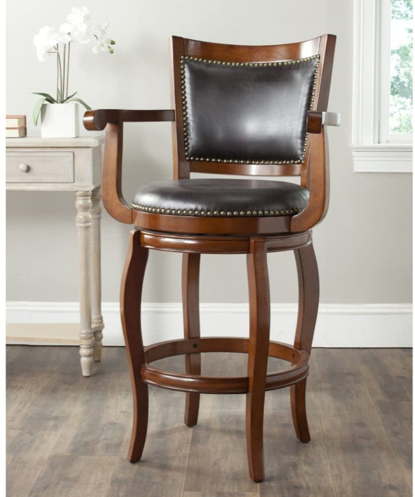 Classic Bar Stool, Curved Legs and Faux Leather Seat With Nailhead, Brown/Walnut