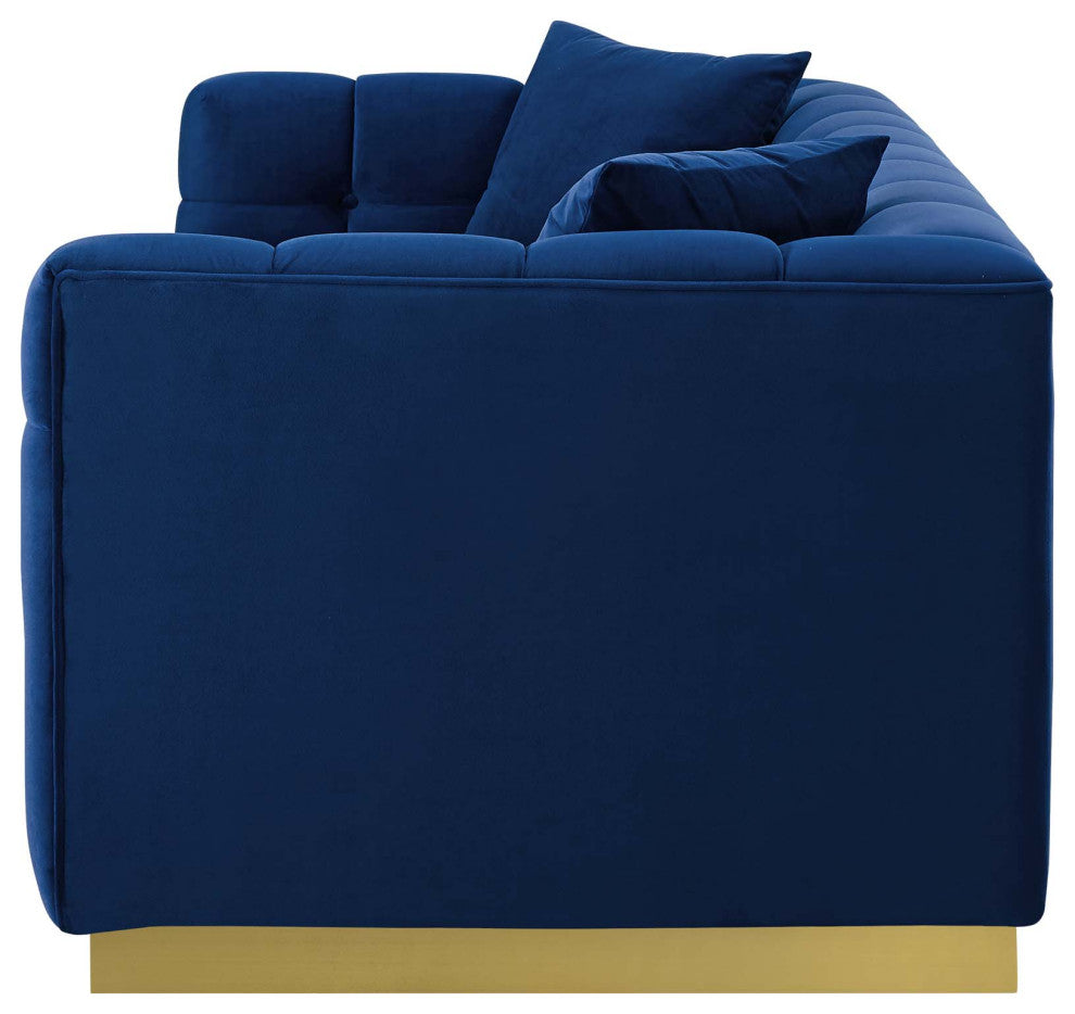 Modern Designer Lounge Lobby Sofa, Velvet Fabric Metal Steel, Navy Blue