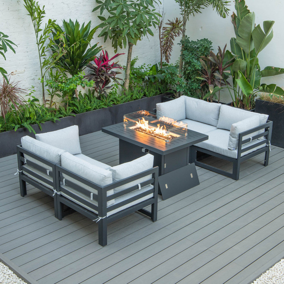 Chelsea 5-Piece Sectional Loveseat and Fire Pit Table Set, Light Grey
