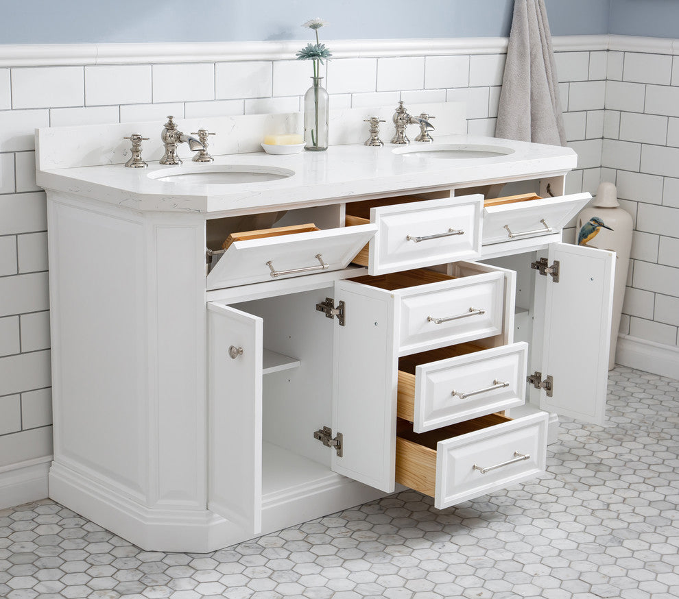 60" Palace Quartz Pure White Vanity With Hardware, Faucets, Mirror in Polish