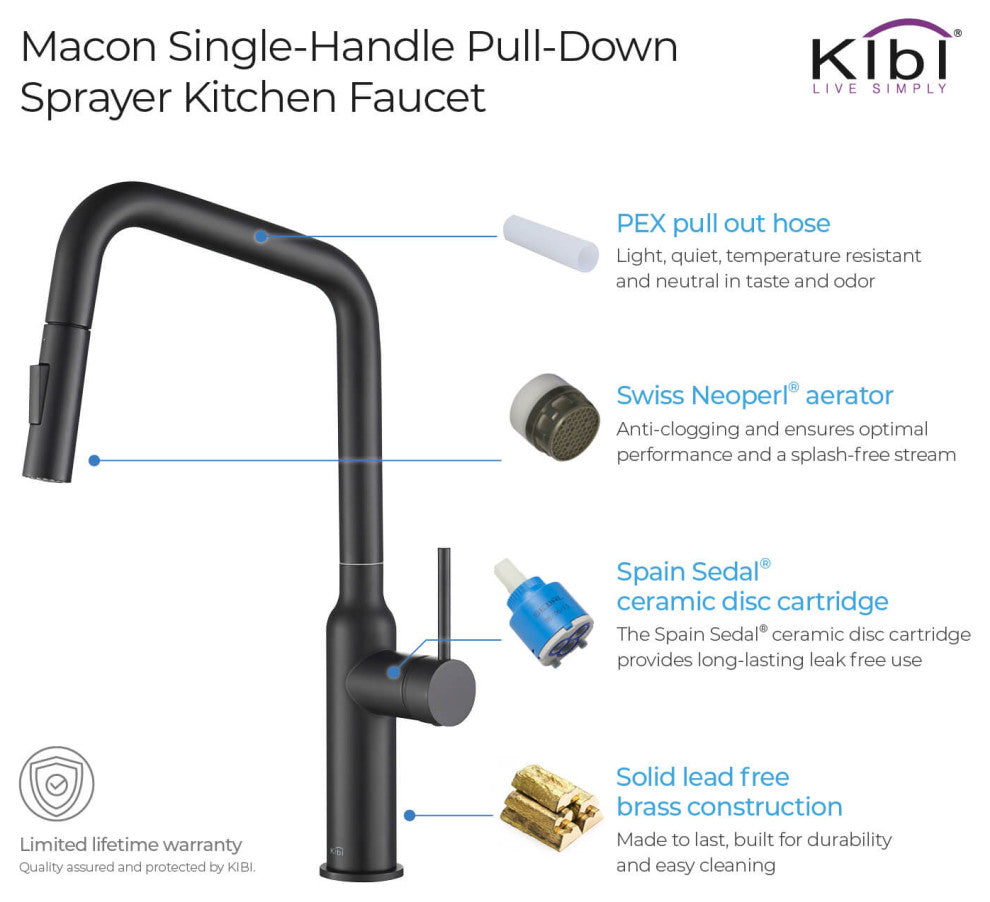 Macon Single Handle Pull Down Kitchen Faucet, Matte Black, W/ Soap Dispenser