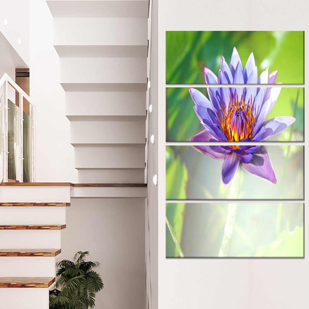 Huge Purple Lotus on Green Background, Flower Canvas Print, 28"x48", 4 Panels