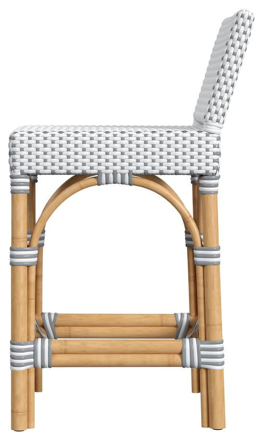 Serienna Rectangular Rattan Low Back 24.5 Counter Stool, White and Gray