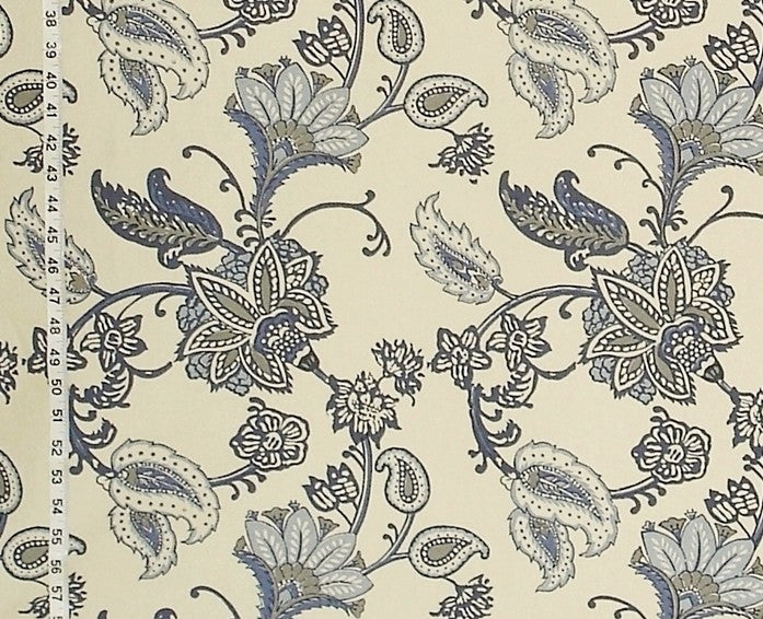 Blue Paisley Indienne Fabric Gray Handprint, Sample Cut