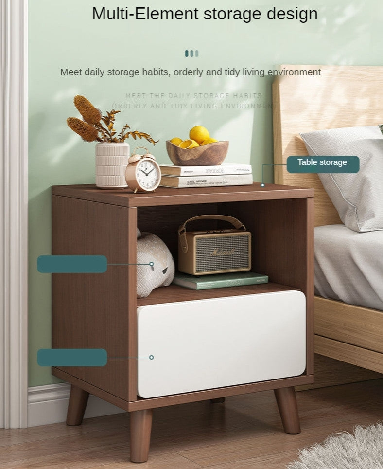 Nordic Wooden Bedside Table Of Drawers For Bedroom, Wood + White, 1 Drawer