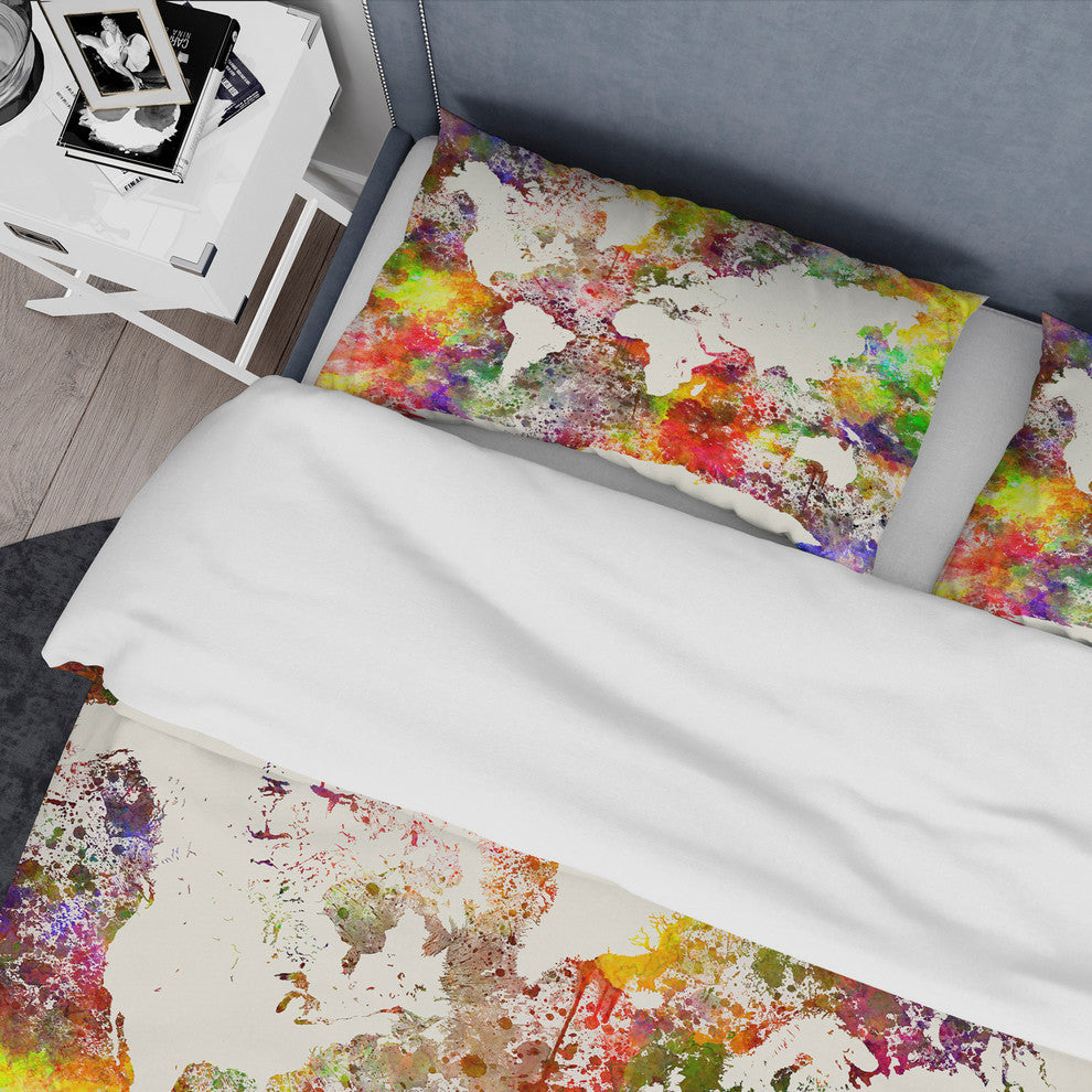 World Map in Great Colors Watercolor Map Duvet Cover, Twin