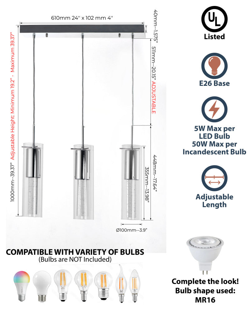 Lazzur Essonne 3 Light 24" Polished Chrome Pendant