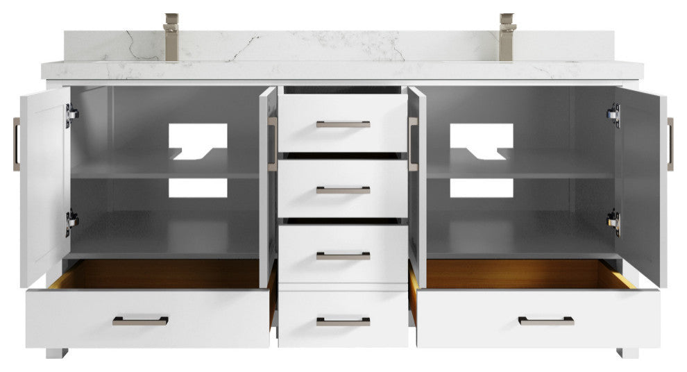 Malibu 72 Double Sink Bath Vanity in White  2" Calacatta Nuvo