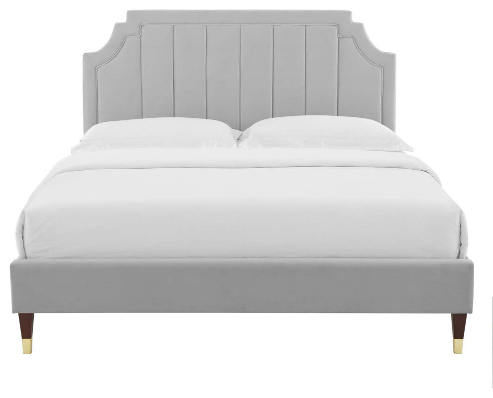 Platform Bed Frame, King Size, Velvet, Light Gray, Modern Contemporary
