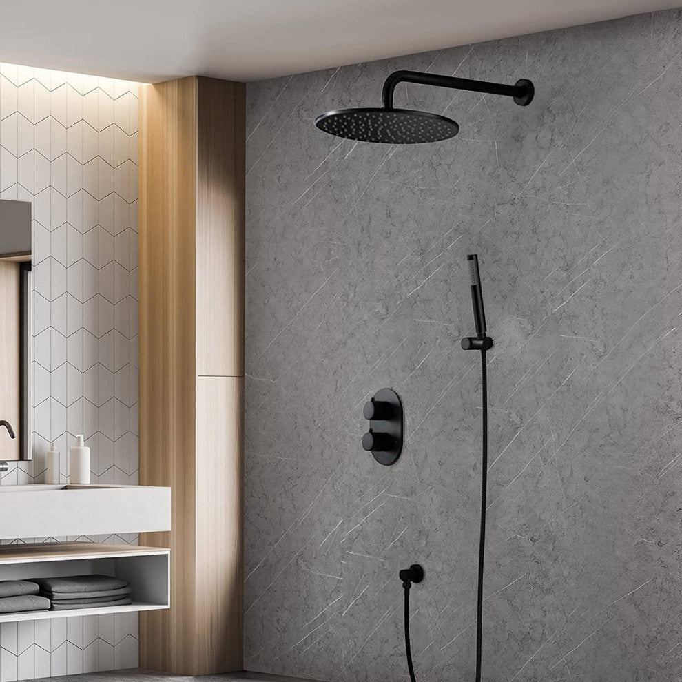 10" Thermostatic Complete Shower System With Rough-in Valve, Matte Black