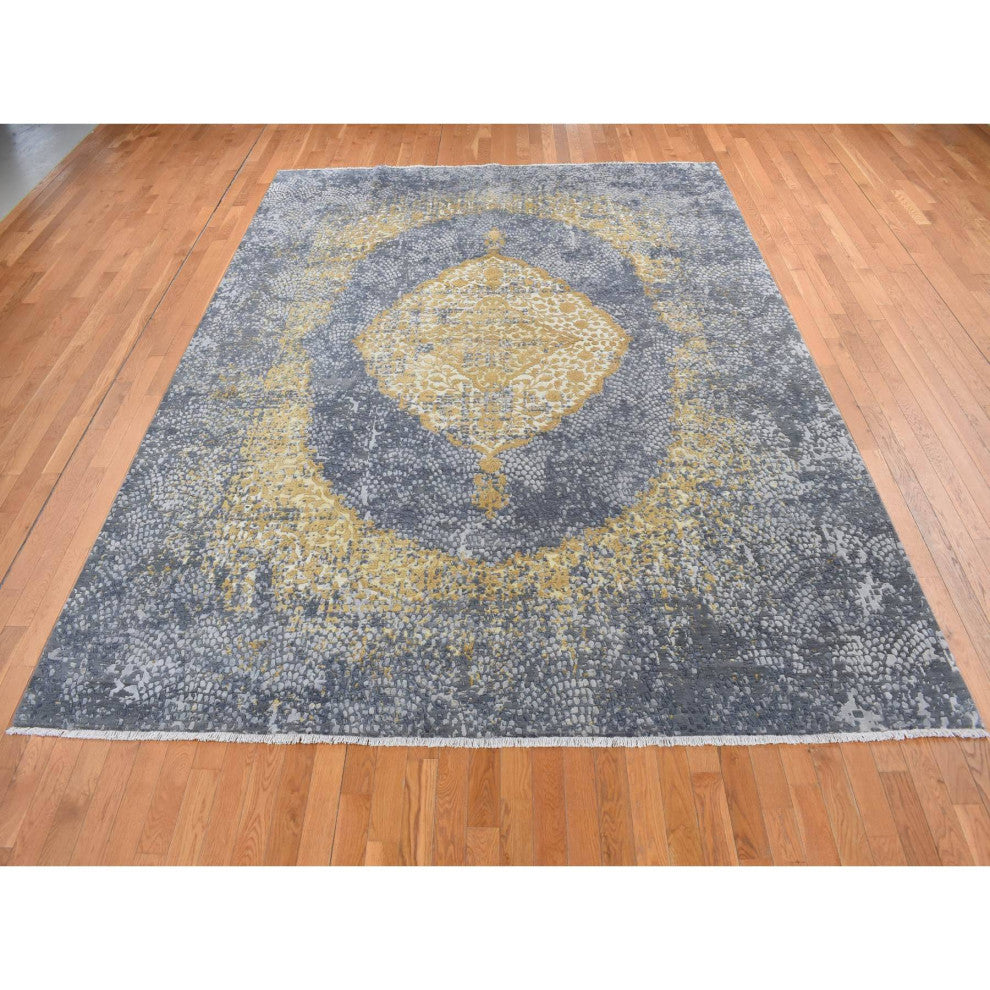 Carbon Gray Persian Medallion Design Wool and Silk Hand Knotted Rug 9'x11'10"