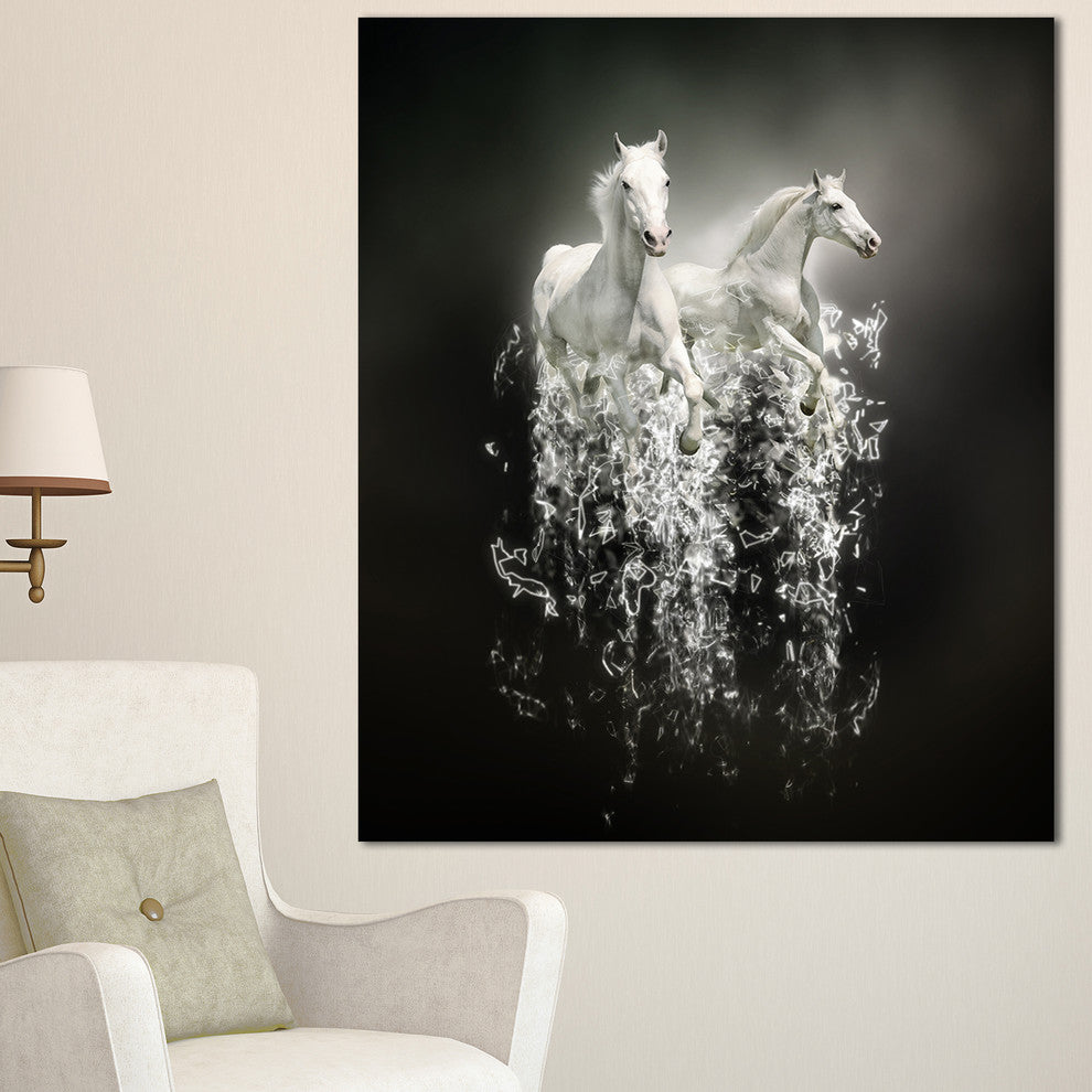 Fantasy White Horses on Black, Animal Canvas Art Print, 30"x40"