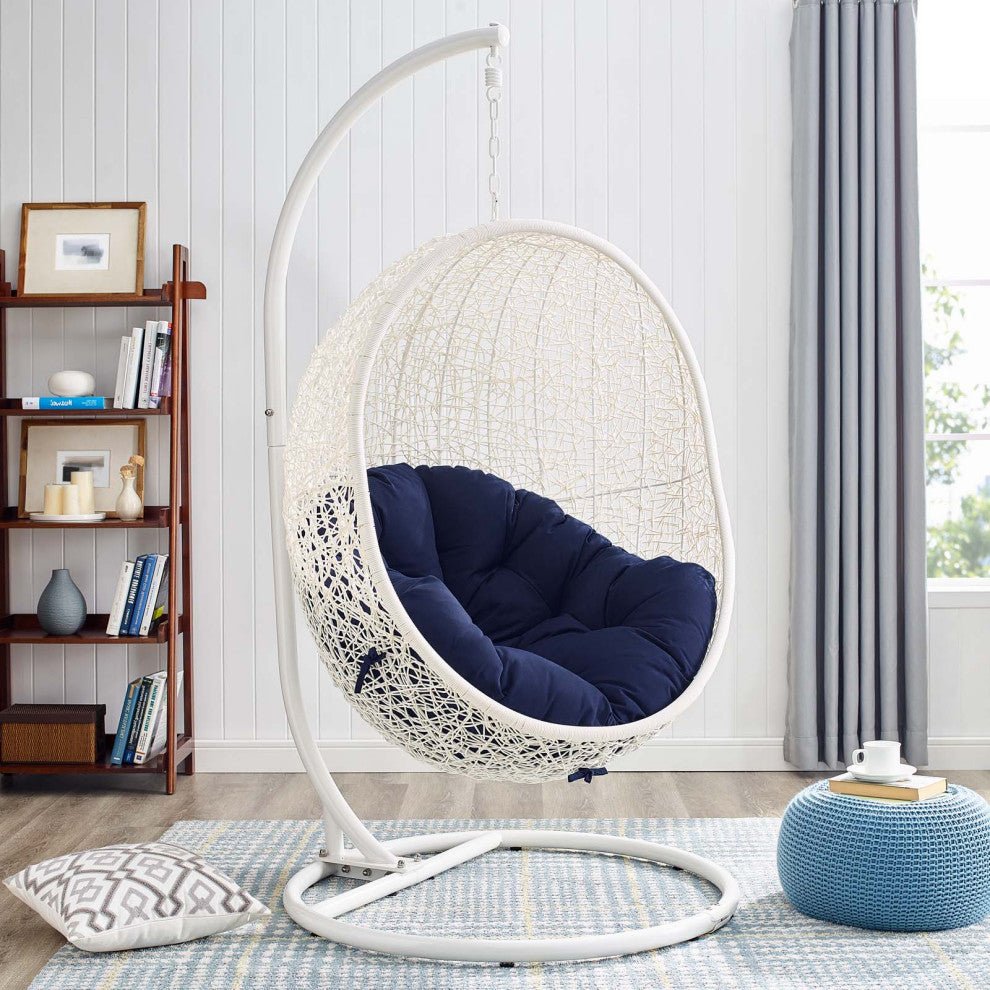Swing Lounge Chair, Sunbrella, White Blue Navy, Modern, Outdoor Patio Bistro