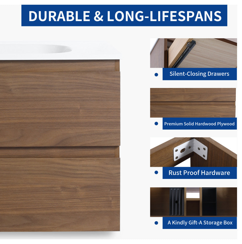 Wall-Mounted Plywood Bathroom Vanity Set in Light Oak with Integrated Gel Sink, Brown Oak, 30" X 18" X 20"