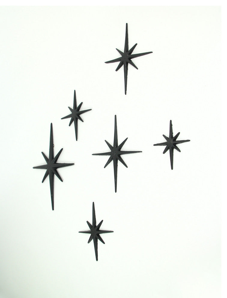 Set of 6 Black Cast Iron Starburst Wall Hangings Mid Century 8 Pointed Stars