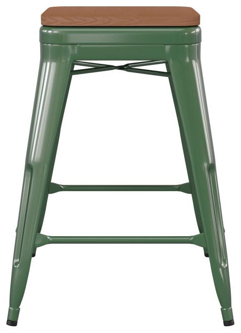 Kai Commercial Grade 24" High Metal Indoor-Outdoor Counter Height Stool, Green/Teak