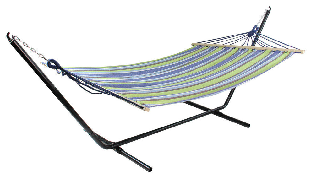 55"x78" Lime Green and Royal Blue Stripe Poly Cotton Hammock With Wooden Bars