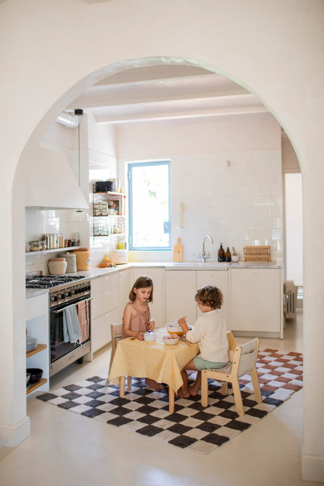 Kitchen Tiles Machine Washable Kids Rug, Natural/Dark Grey