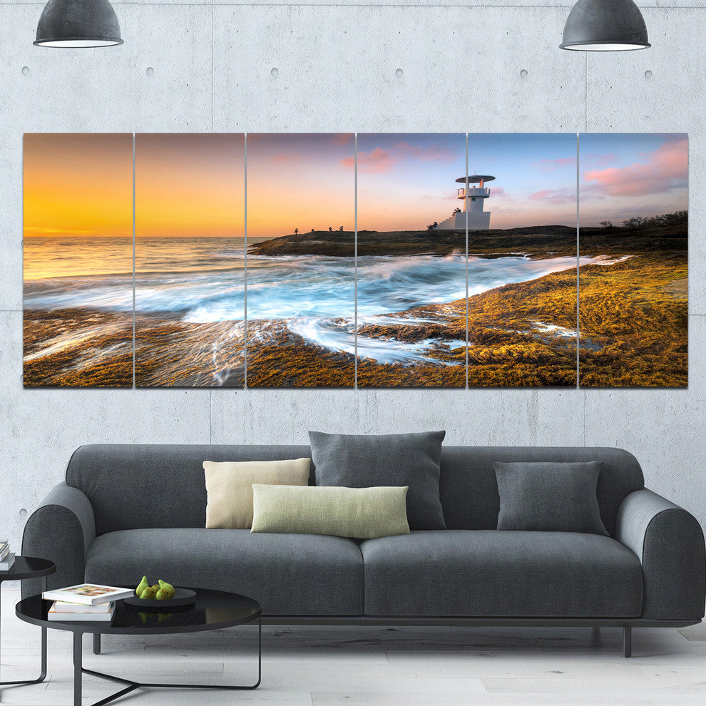 Lighthouse on Beautiful Seashore, Seashore Wall Art on Canvas, 70"x28", 6 Panels