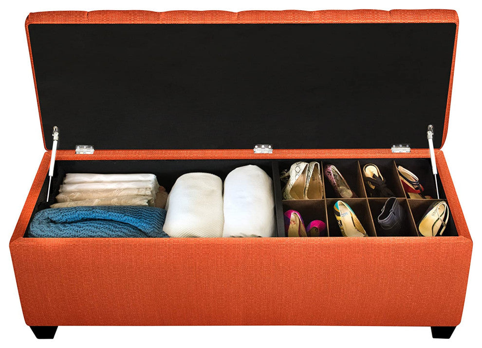 Large Storage Bench, Tufted Lid With 2 Hydraulic Arms and Shoe Divider, Pumpkin