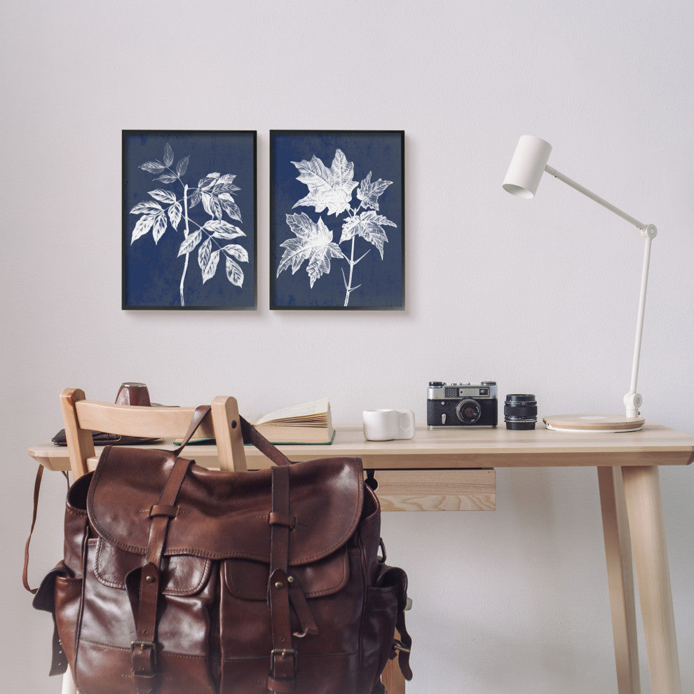 Maple Leaf Elm Stem Vintage Blue White Illustration,2pc, each 11 x 14