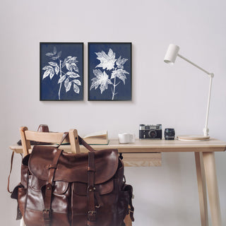 Maple Leaf Elm Stem Vintage Blue White Illustration,2pc, each 11 x 14