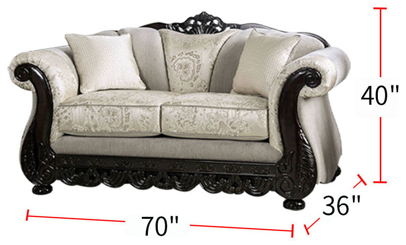 Chenille Love Seat with Wood Trim Design, Ivory