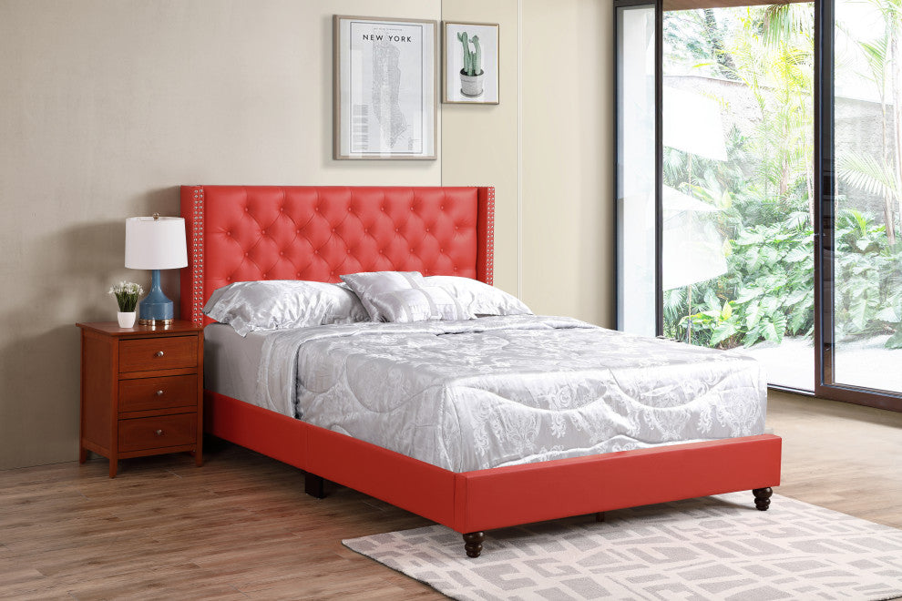 Mina Upholstered Faux Leather Bed, Red, Full