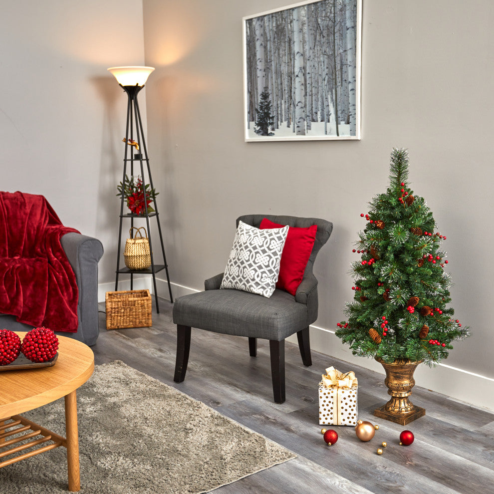 4' Pine, Pinecone & Berries Faux Xmas Tree With 100 Clear Lights, Decorative Urn