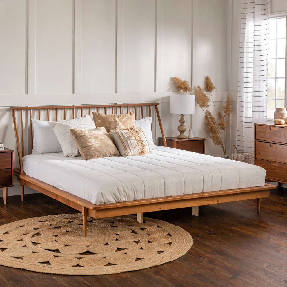 King Mid Century Modern Solid Wood Spindle Platform Bed - Caramel