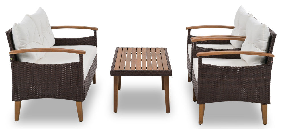 4-Piece Outdoor Wicker Patio Sofa Set with Wood Table and Removable Cushions, Beige