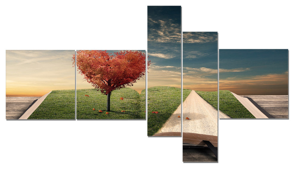 Amazing Heart Tree and Book, Large Abstract Canvas Artwork, 60"x32", 5 panels