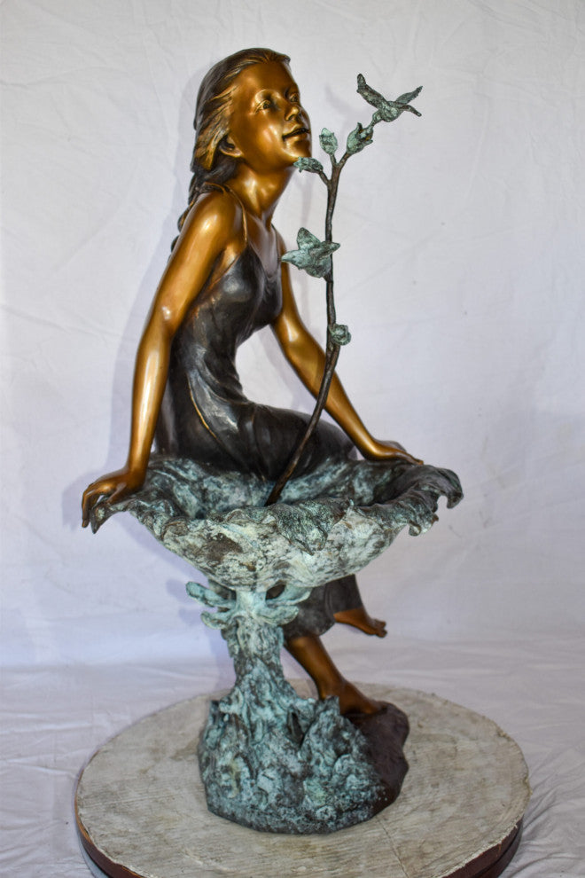 Beautiful Young Girl by A Hummingbird Bath Bronze Statue Size: 22" x 17" x 39"