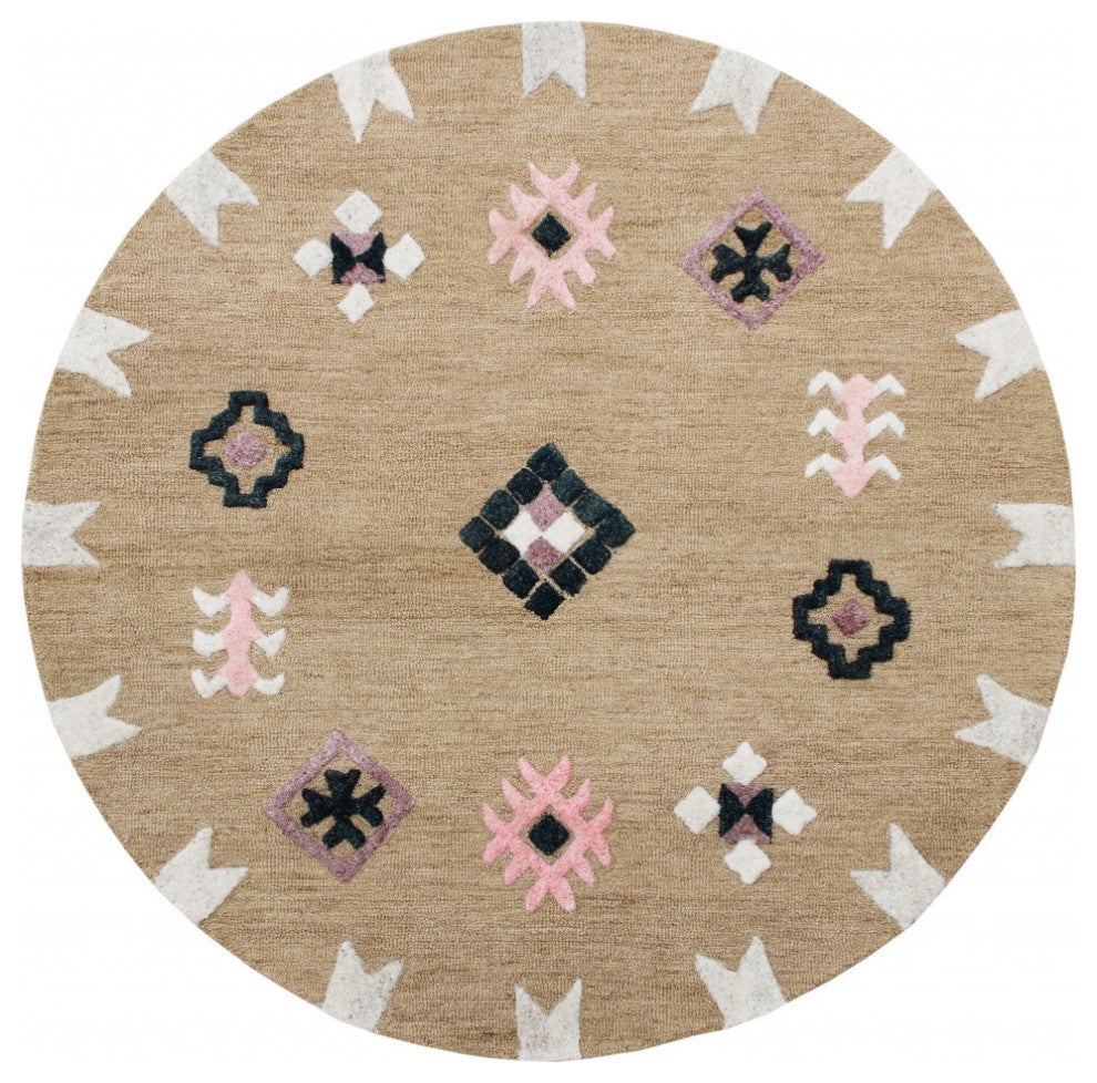 7" Round Taupe Boho Chic Motif Area Rug