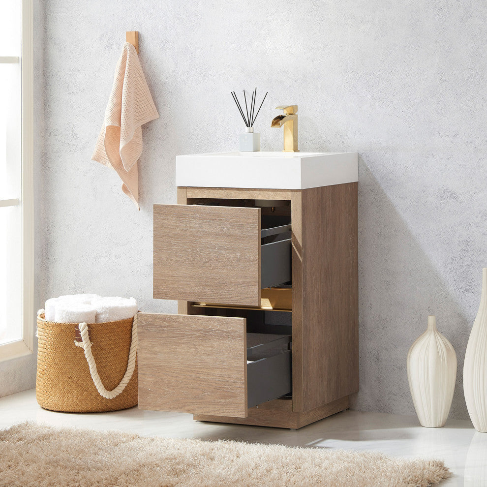 Huesca Bath Vanity, Integrated Sink Top, North American Oak, 18", Without Mirror