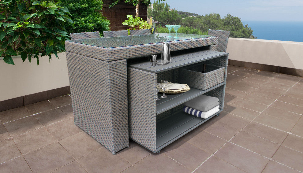 Monterey Bar Table, Cart, Basket, 4 Barstools Wicker Patio Furniture