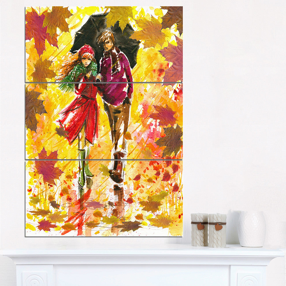 "Autumn Walk of Couple" Glossy Metal Wall Art, 3 Panels, 28"x36"