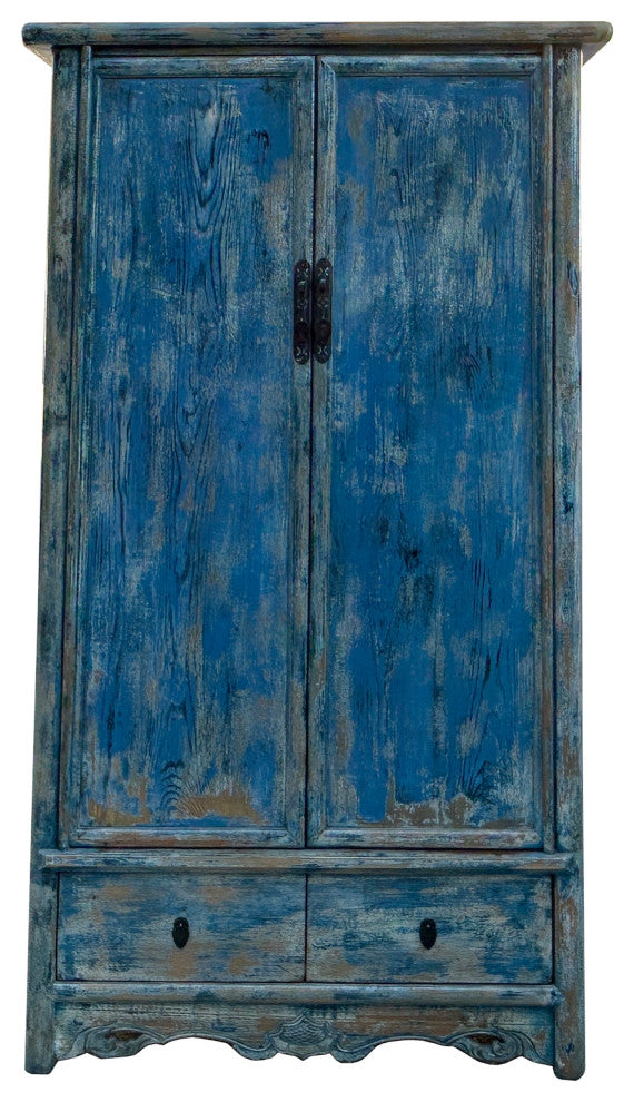 Distressed Bright Blue Tall Oriental Noodle Cabinet Storage Armoire Hws4322