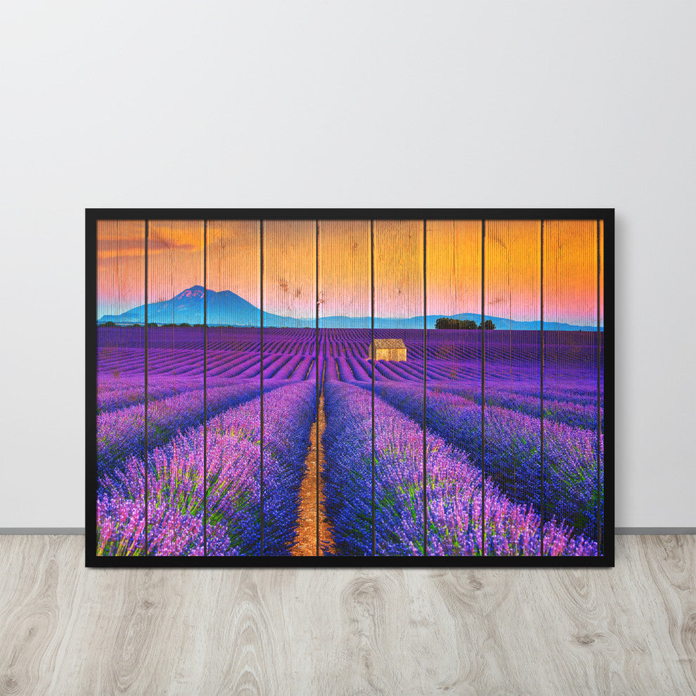 Faux Wood Lavender Fields and Sunset Landscape Framed Photo Paper Wall Art Print, Black, 24" X 36"