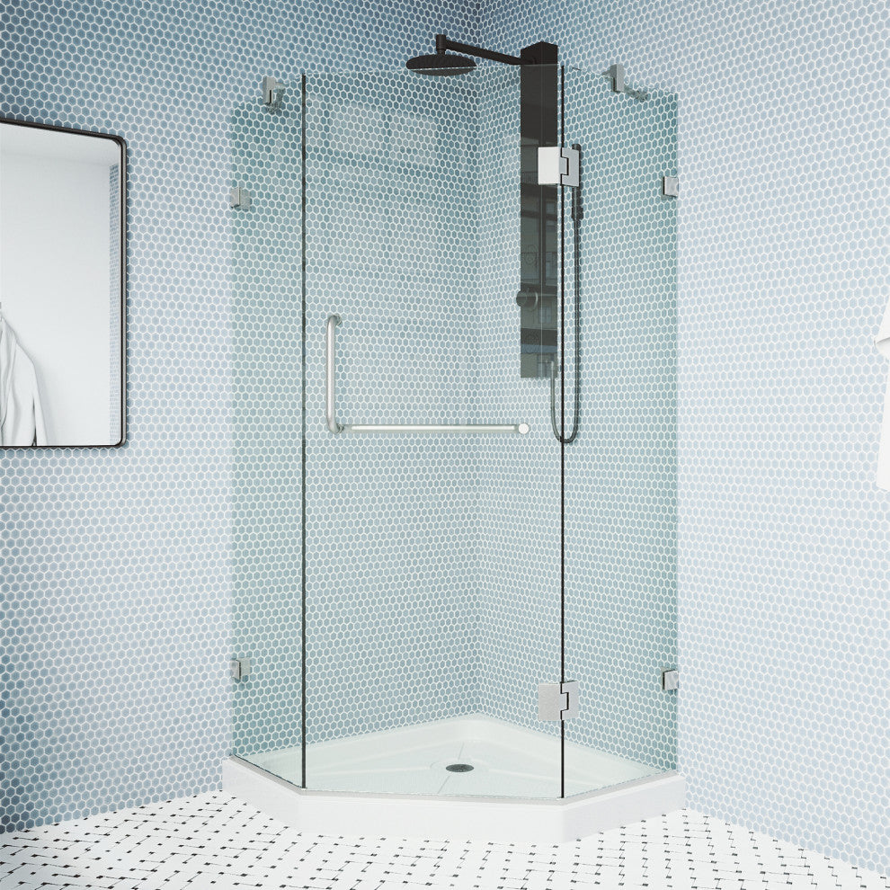 VIGO Piedmont Frameless Hinged Neo-Angle Shower Enclosure, Brushed Nickel, 40" D X 40" W, Low Base