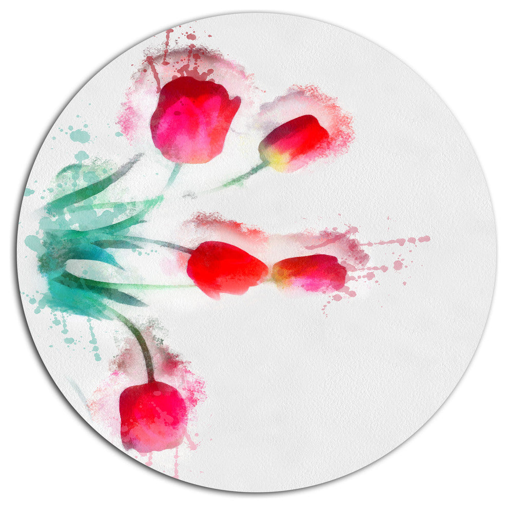 Bunch Of Red Tulips Watercolor, Floral Large Disc Metal Wall Art, 36"