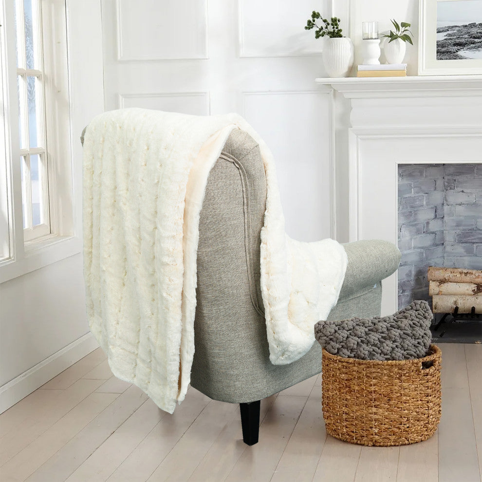 Stitching Jacquard Faux Fur Throw, Antique White, 50"x70"