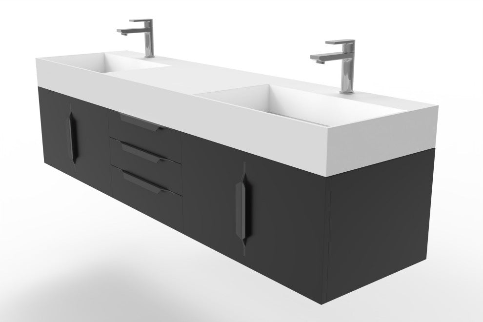 CastelloUSA Amazon 72" Wall Mounted Vanity Set, Black, White Top, Black Handles