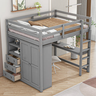 Gewnee Wood Full Size Loft Bed with Built-in Wardrobe