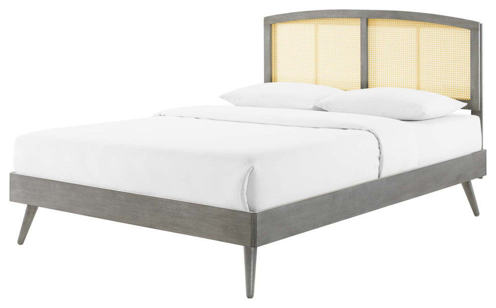 Platform Bed Frame, King Size, Wood, Gray, Modern Mid-Century, Bedroom