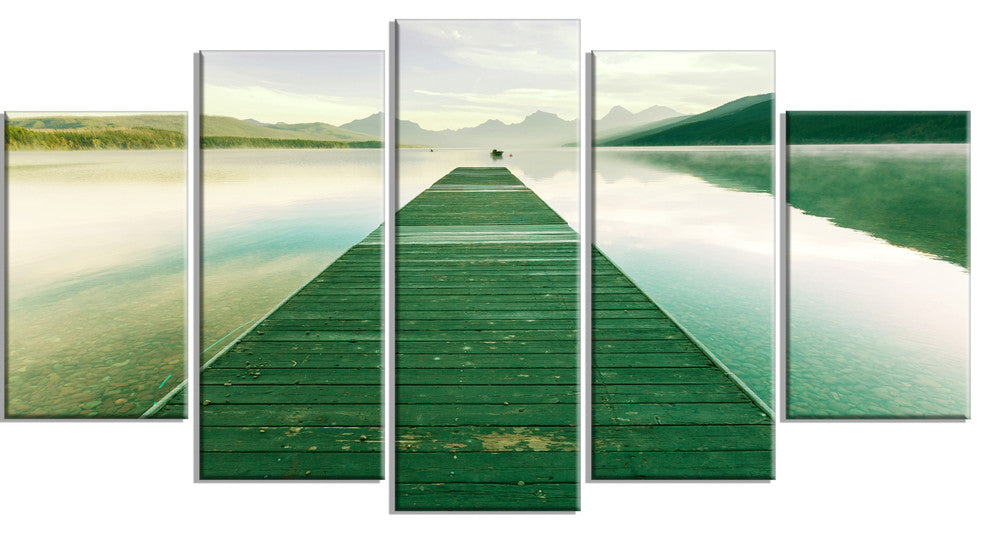 Green Wood Pier At Glacier Park, Seashore Canvas Art Print, 60"x32", 5 Panels