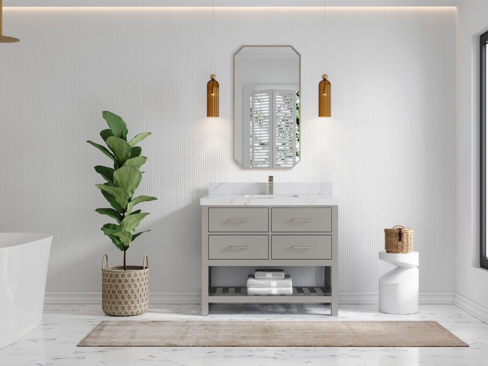Parker 42" Single Sink Bath Vanity, Elephant Skin Gray 2" Calacatta Sienna